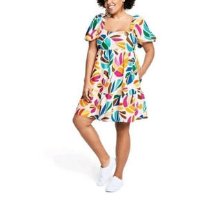 Tabitha Brown linen Multicolor colorblock Botanical Print Mini Dress 3X A003682